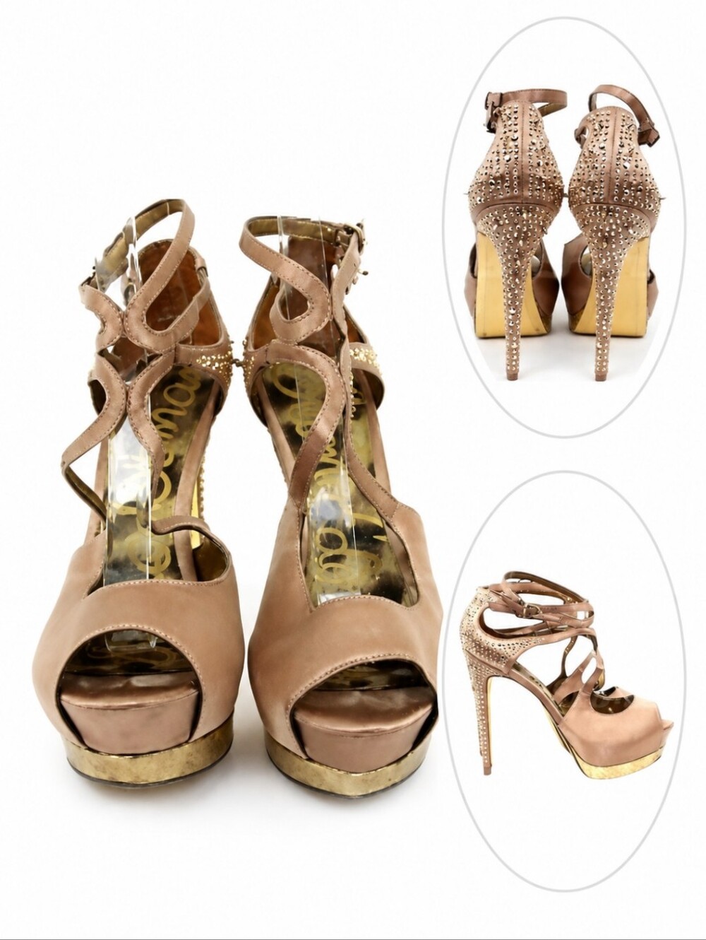 Sam Edelman Gold strappy studded Showgirl satin ankle strap platforms sz 7.5